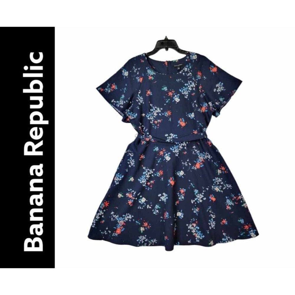 Banana Republic Dress Women Size 14 Floral Multicolored Dress Wide Sleeves Belt